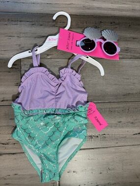NWT Betsey Johnson Girls Lavender and Aqua Mermaid Scale One-Piece Swimsuit
